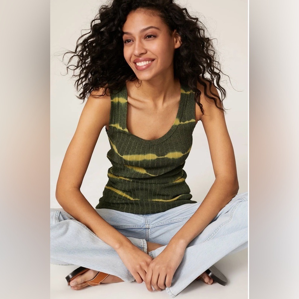 Sandro Paris Honore Tie-Dye Stripe Ribbed Knit Long Tank Top Green Yellow Small